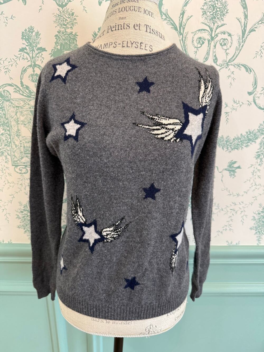 ⁠Zadig & Voltaire Grey Cashmere Star Wing Intarsia Knit Sweater - Size 36 / S⁠